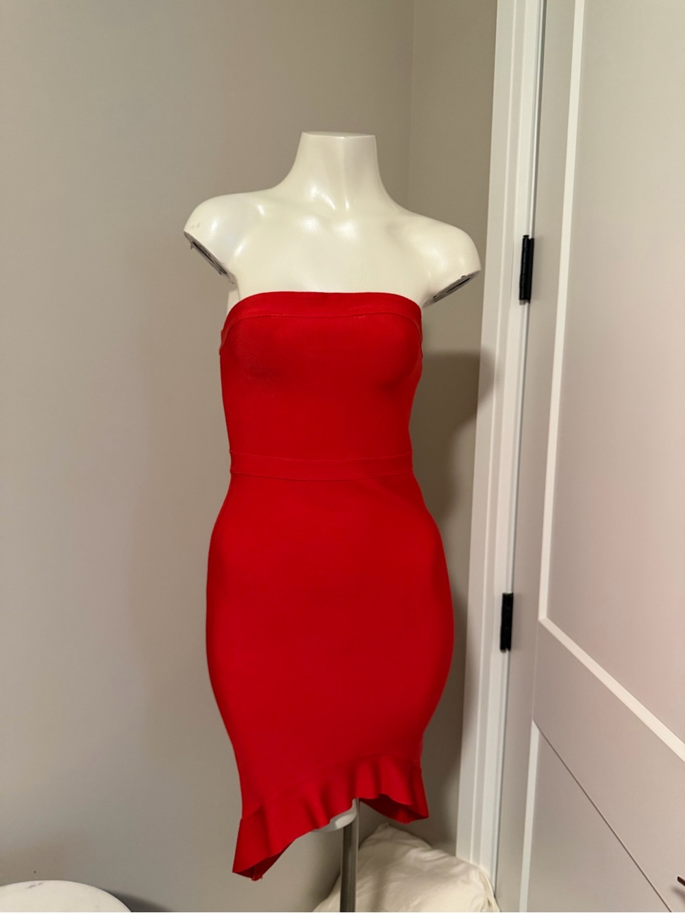 Red Strapless Bodycon Mini Dress with Ruffle Hem